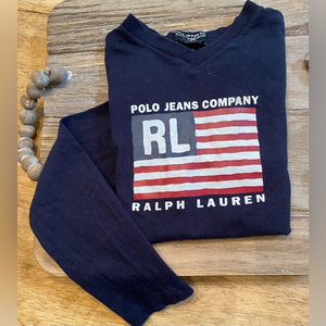 Vtg Polo Jeans Co by Ralph Lauren Sz Small Navy V Neck Long Sleeve Graphic Shirt
